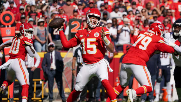 Sep 24, 2023; Kansas City, Missouri, USA; Kansas City Chiefs quarterback Patrick Mahomes (15) throws a pass against the Chicago Bears during the first half at GEHA Field at Arrowhead Stadium. Mandatory Credit: Denny Medley-USA TODAY Sports  